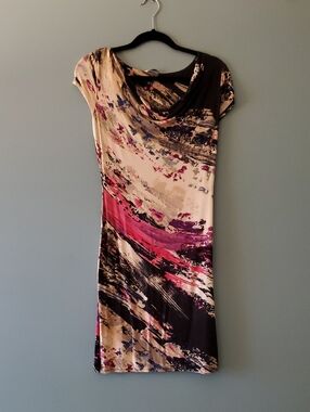Cowl Neck Abstract Midi Dress in Pink, Black & Cream